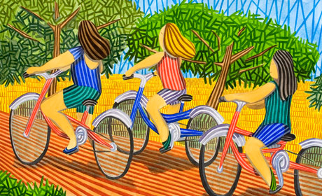 Obra de Ortas que representa a tres chicas montando en bicicleta