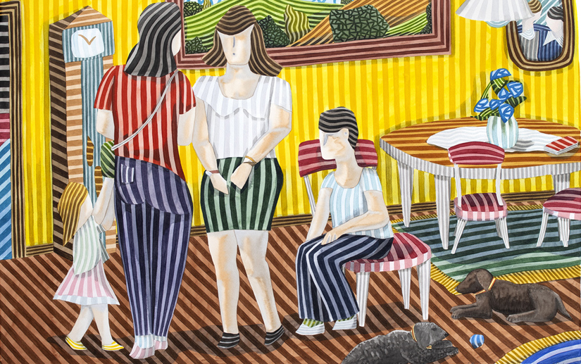 Obra de arte de Javier Ortas realizada en acuarela con el estilo personal del pintor. Título: Escena en un salon.